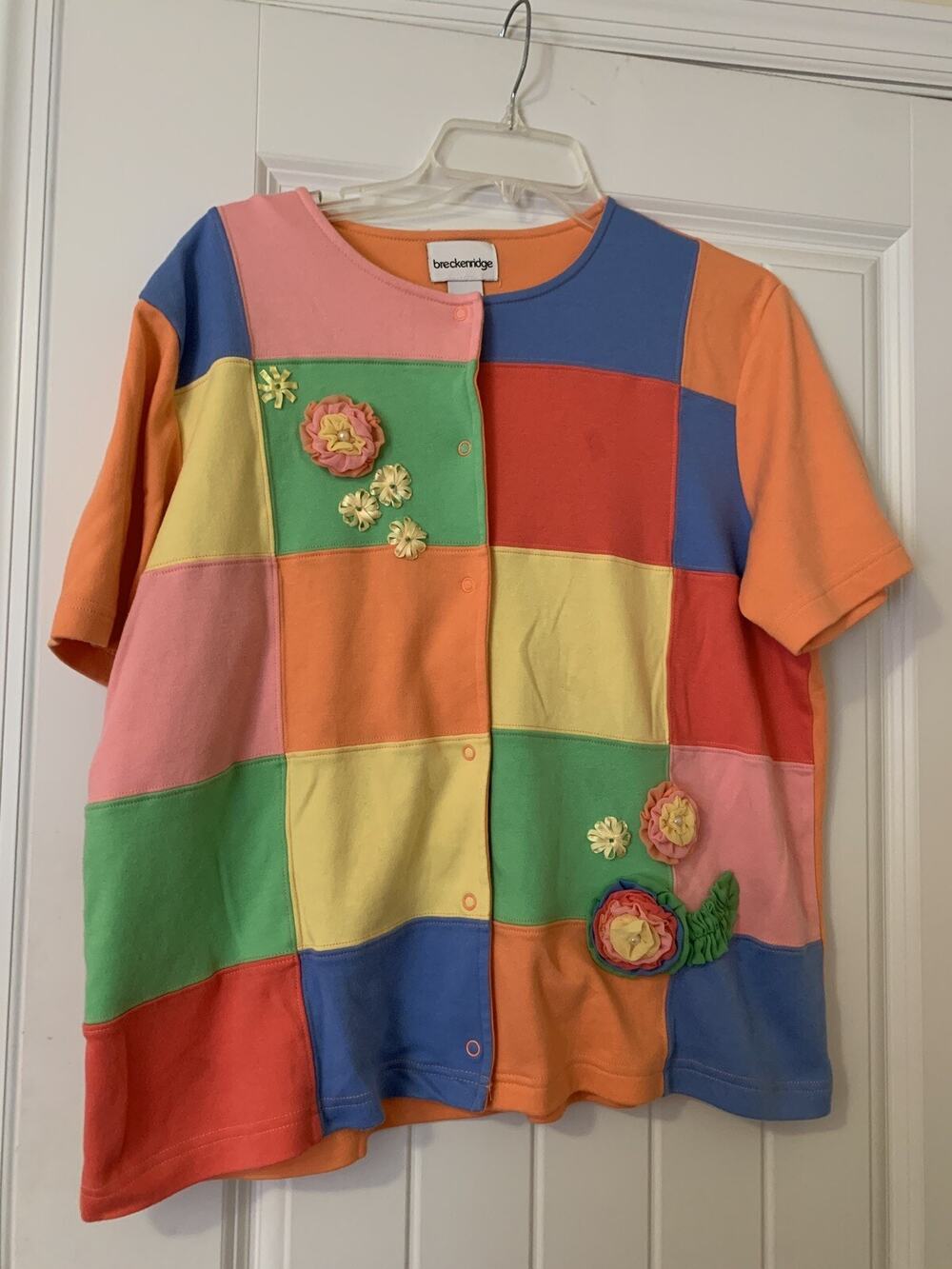 Breckenridge womens snap button colorblock flowers blouse short sleeve XL unique
